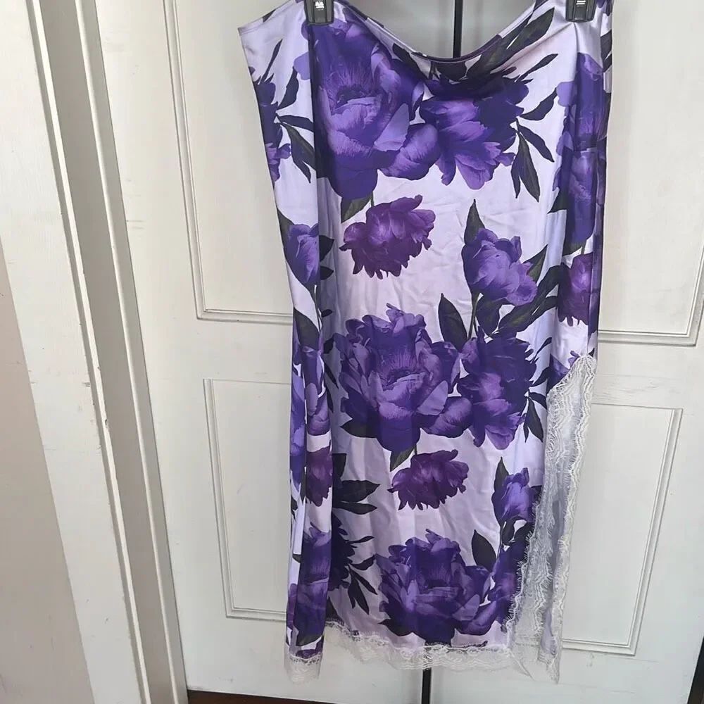 Satin & Lace Purple Floral Midi Skirt Size XL